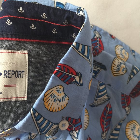 Sailboat Print Short-Sleeve Button-Up Shirt S/Blue - Picture 12 of 12